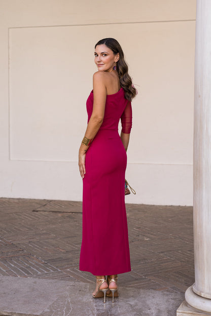 Vestido midi drapeado asimétrico cereza