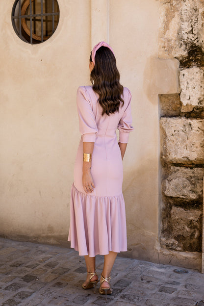Vestido midi volante rosa nude