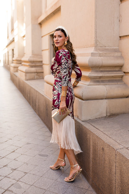 Vestido flecos estampado burdeos