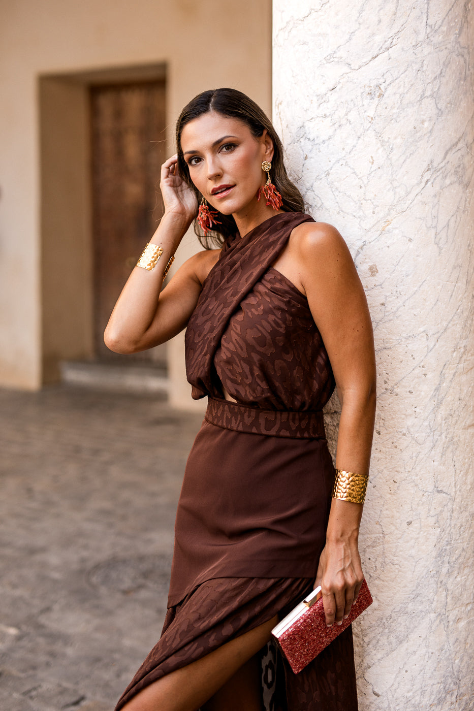 Vestido  largo halter doble falda marrón