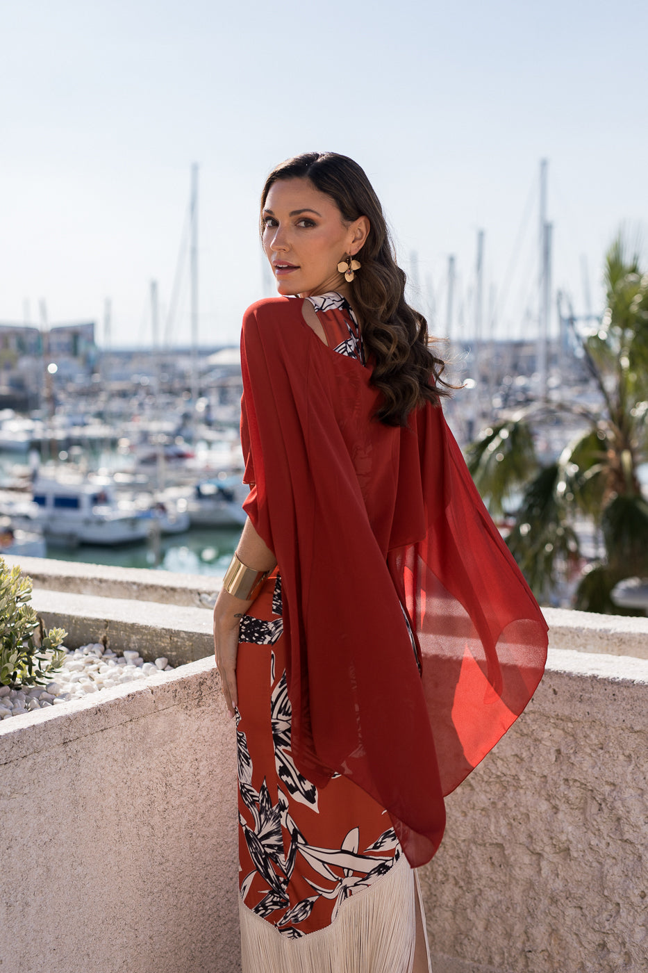 Vestido flecos escote halter teja