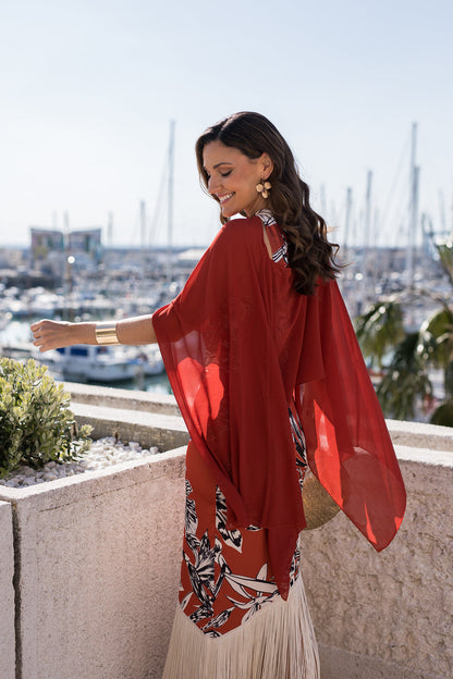 Vestido flecos escote halter teja