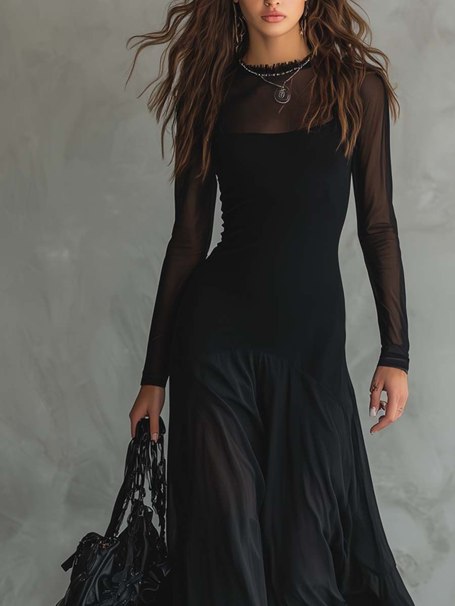 Noémie | Vestido largo evasé de tul negro