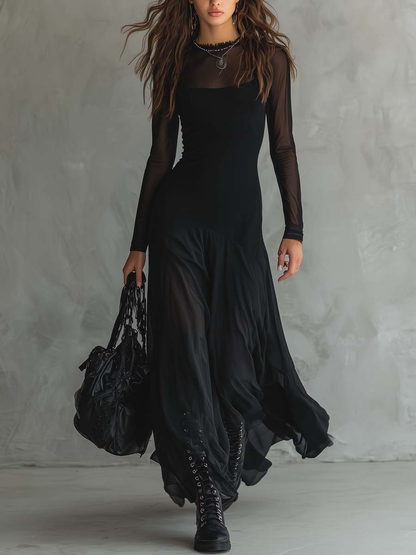 Noémie | Vestido largo evasé de tul negro