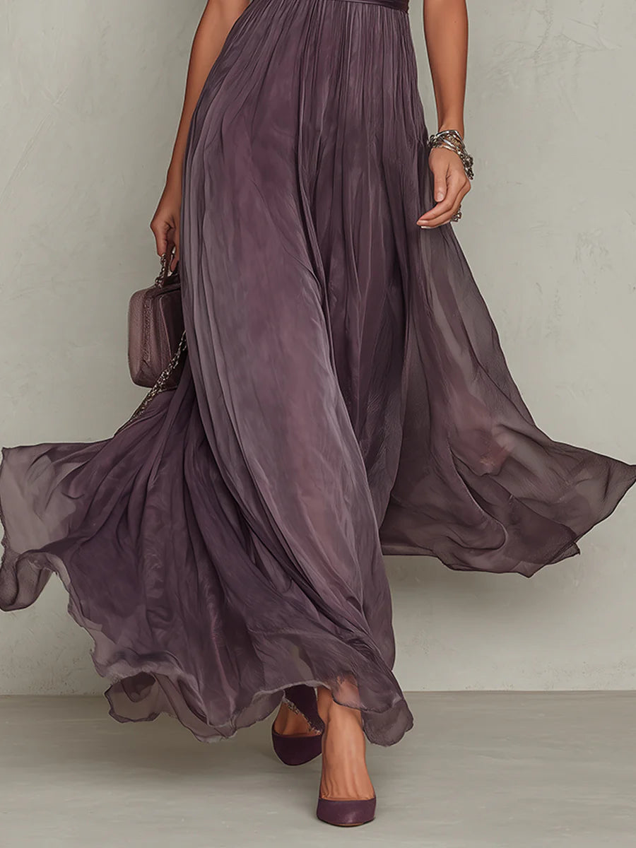 Zoé | Vestido largo violeta de gasa con escote de lágrima
