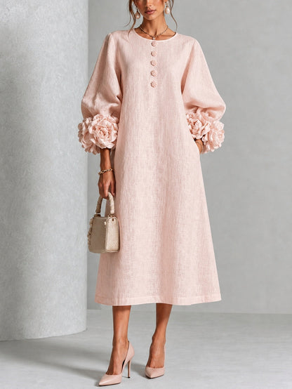 Églantine | Vestido midi rosa con botones florales y mangas de fantasía