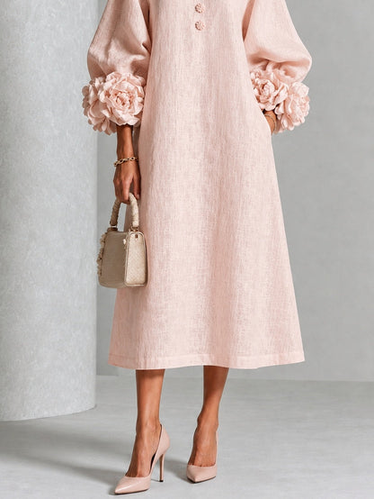 Églantine | Vestido midi rosa con botones florales y mangas de fantasía