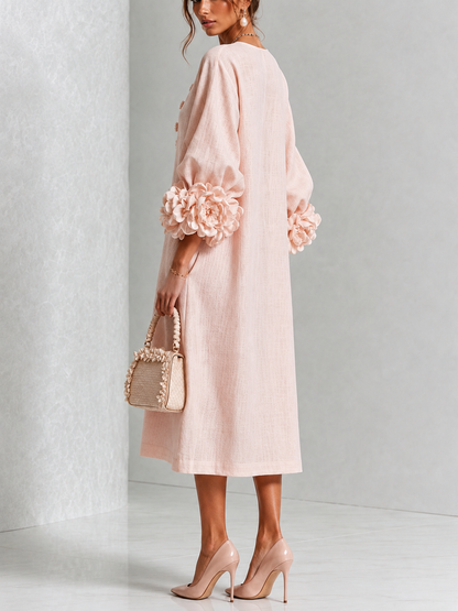 Églantine | Vestido midi rosa con botones florales y mangas de fantasía