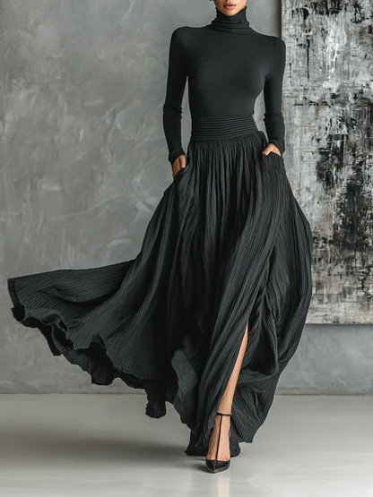 Rachelle | Conjunto negro de falda plisada y camiseta de manga larga