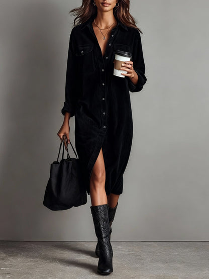 Blandine | Vestido midi de pana con bolsillos y botón único