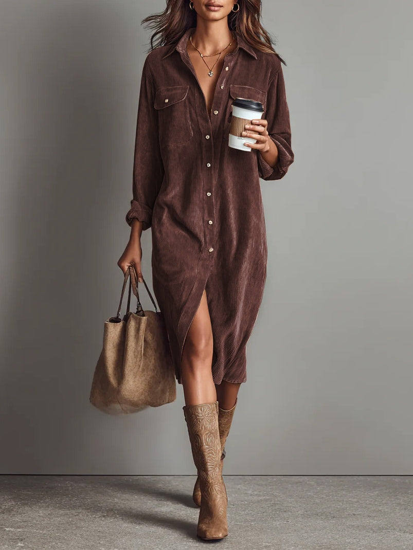Blandine | Vestido midi de pana con bolsillos y botón único
