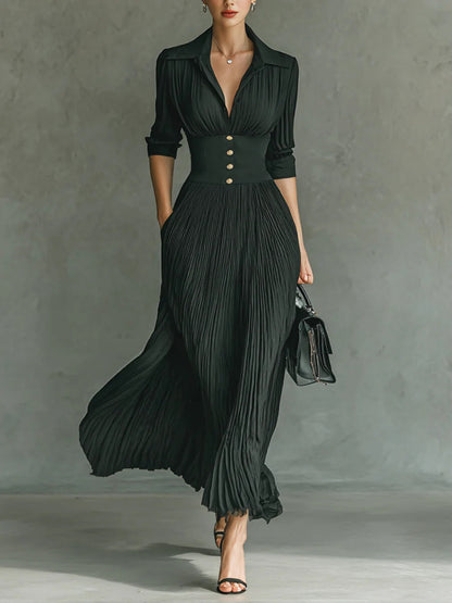 Elvira | Vestido largo plisado con solapas y cintura alta