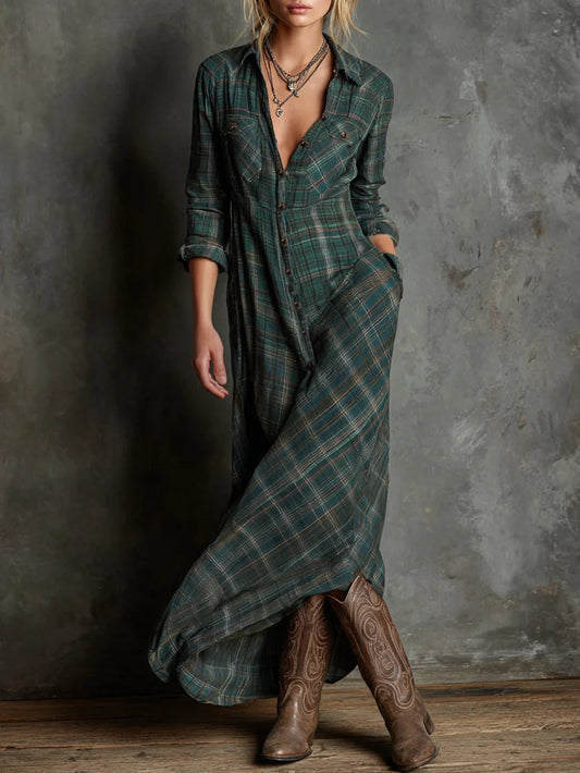 Margherita | Vestido camisero largo con cuello de cuadros