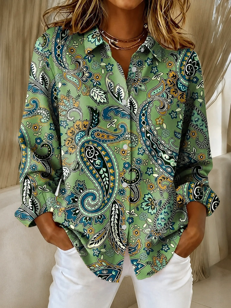 Katarina™ | Blusa de estampado paisley con botones — Verde