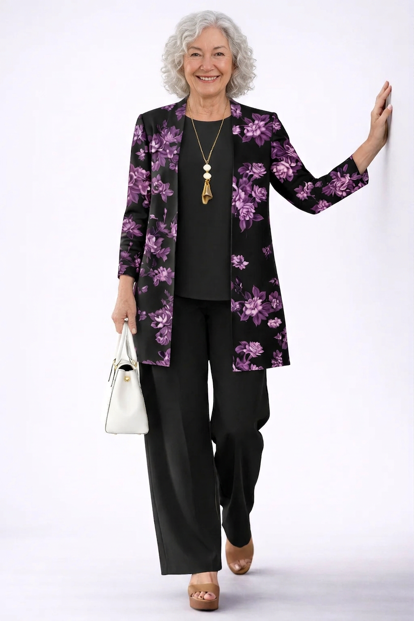 Helen | Conjunto de Tres Piezas Elegancia Clásica — Violeta y negro