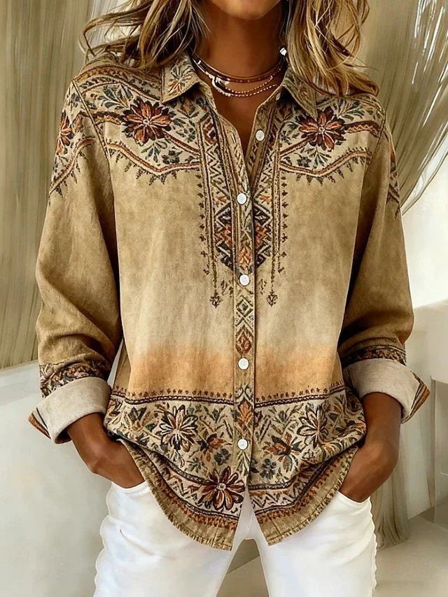 Rexanna™ | Blusa vintage de flores con botones — Caqui
