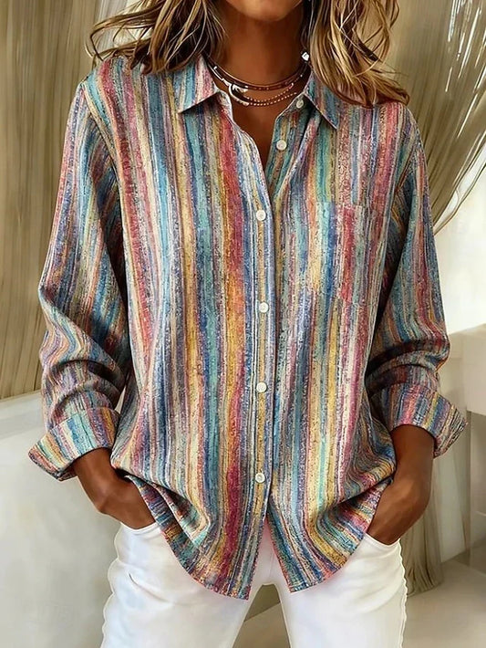 Harlowe™ | Blusa vintage de rayas multicolores con botones — Multicolor