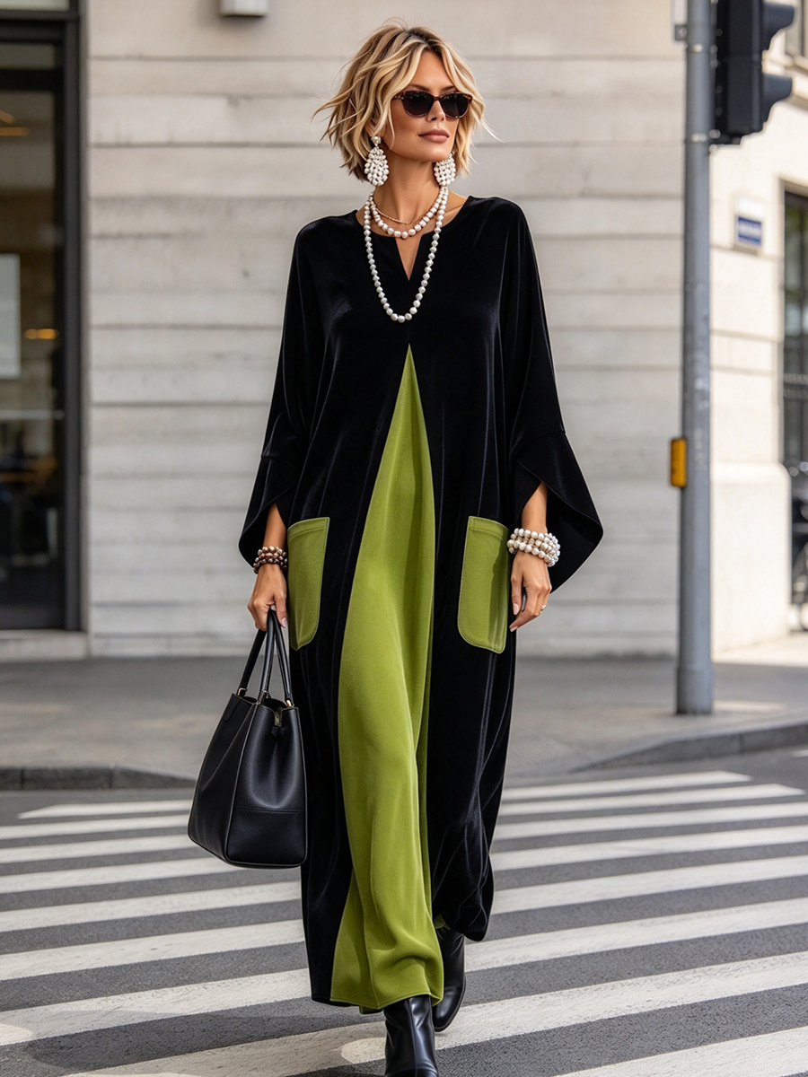 Gisèle | Vestido de terciopelo con bloques de color, elegante y artístico