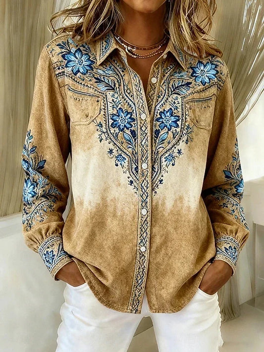 Tucson™ | Blusa floral vintage de inspiración western con botones — Azul