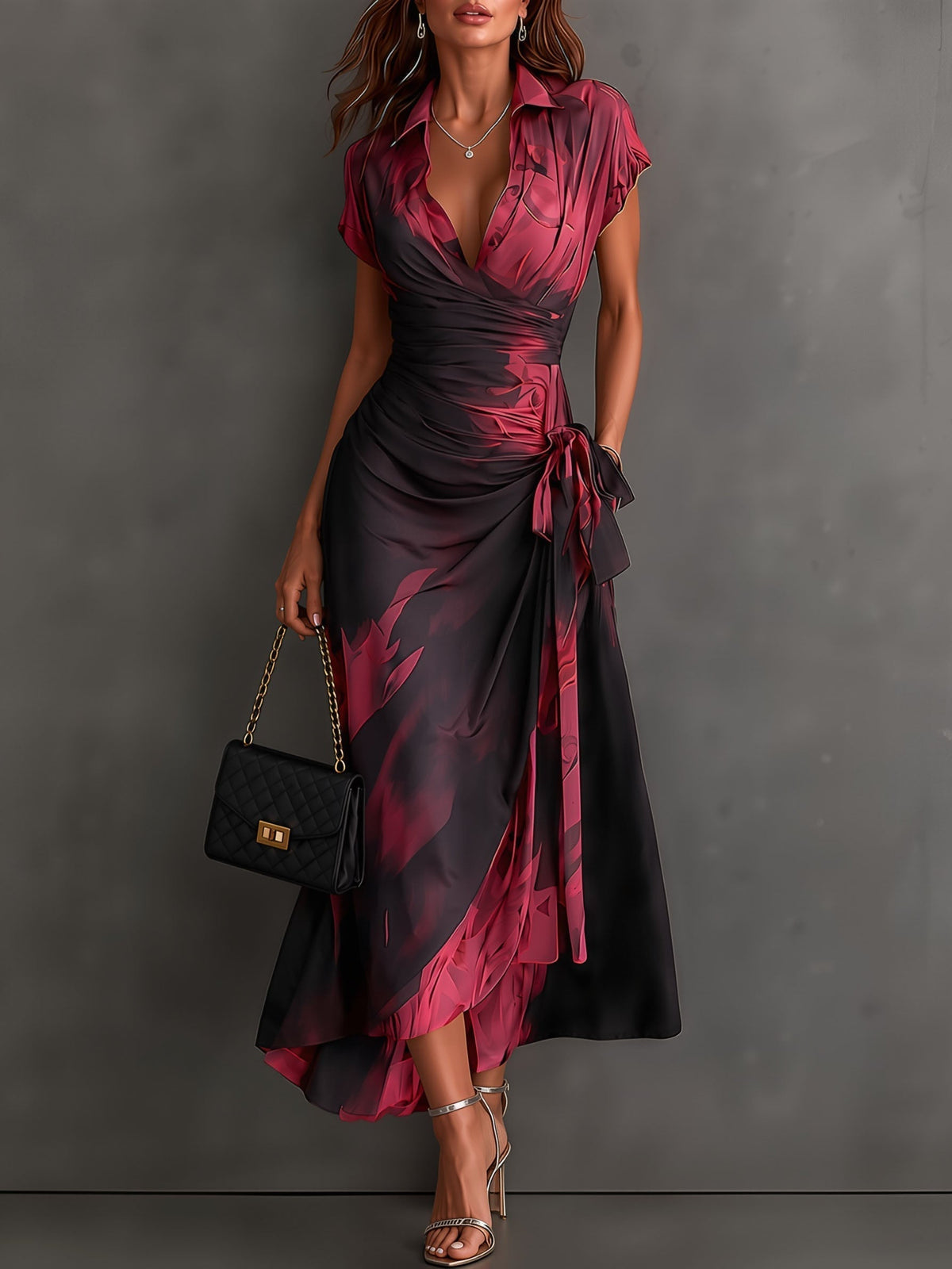 Rosalie | Vestido midi cruzado con estampado abstracto, escote en V, manga corta, cinturón y bajo asimétrico con volante
