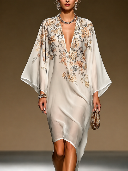 Vestido Caftán de Chiffon Beige con Estampado Floral, Escote en V Profundo, Manga Murciélago, Dobladillo Asimétrico, Vestido Midi Fluido