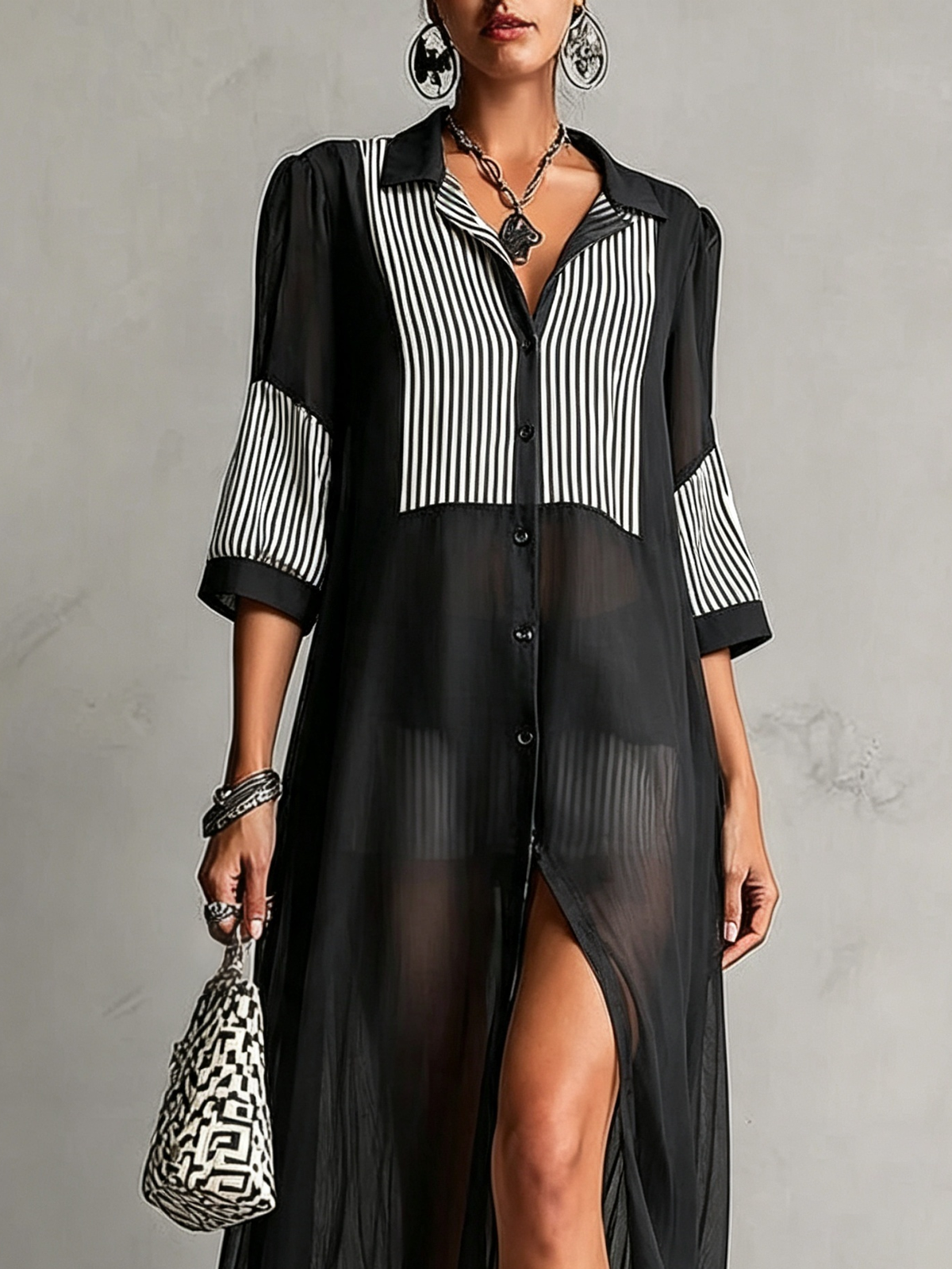 Vestido largo de chiffon negro transparente, vestido midi con botones y mangas 3/4 a rayas negro-blanco