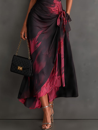 Vestido Midi Envoltura con Estampado Abstracto Rojo y Negro, Cuello con Escote en V, Manga Corta, Cintura para Atar, Dobladillo Asimétrico con Volantes