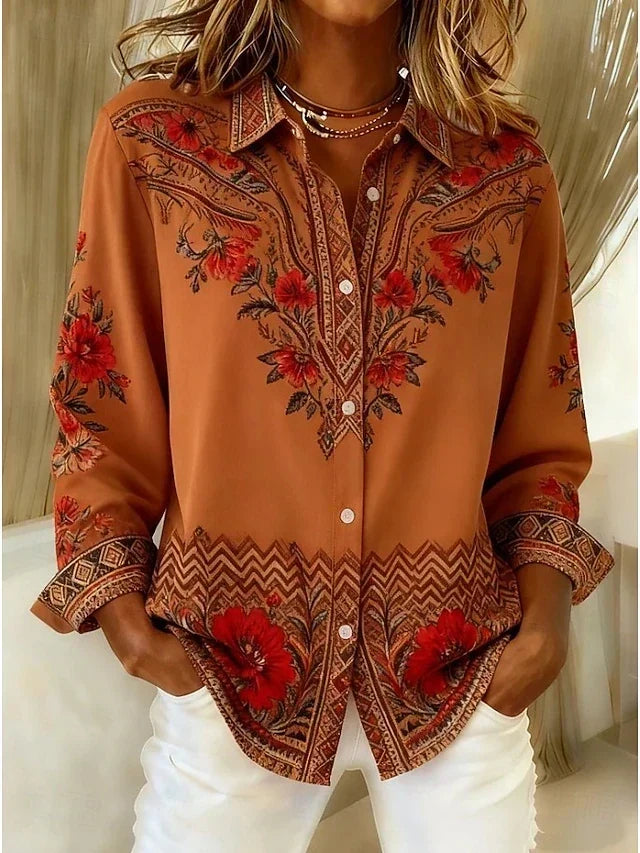 Dawnflora™ | Blusa artística floral de manga larga — Terracota